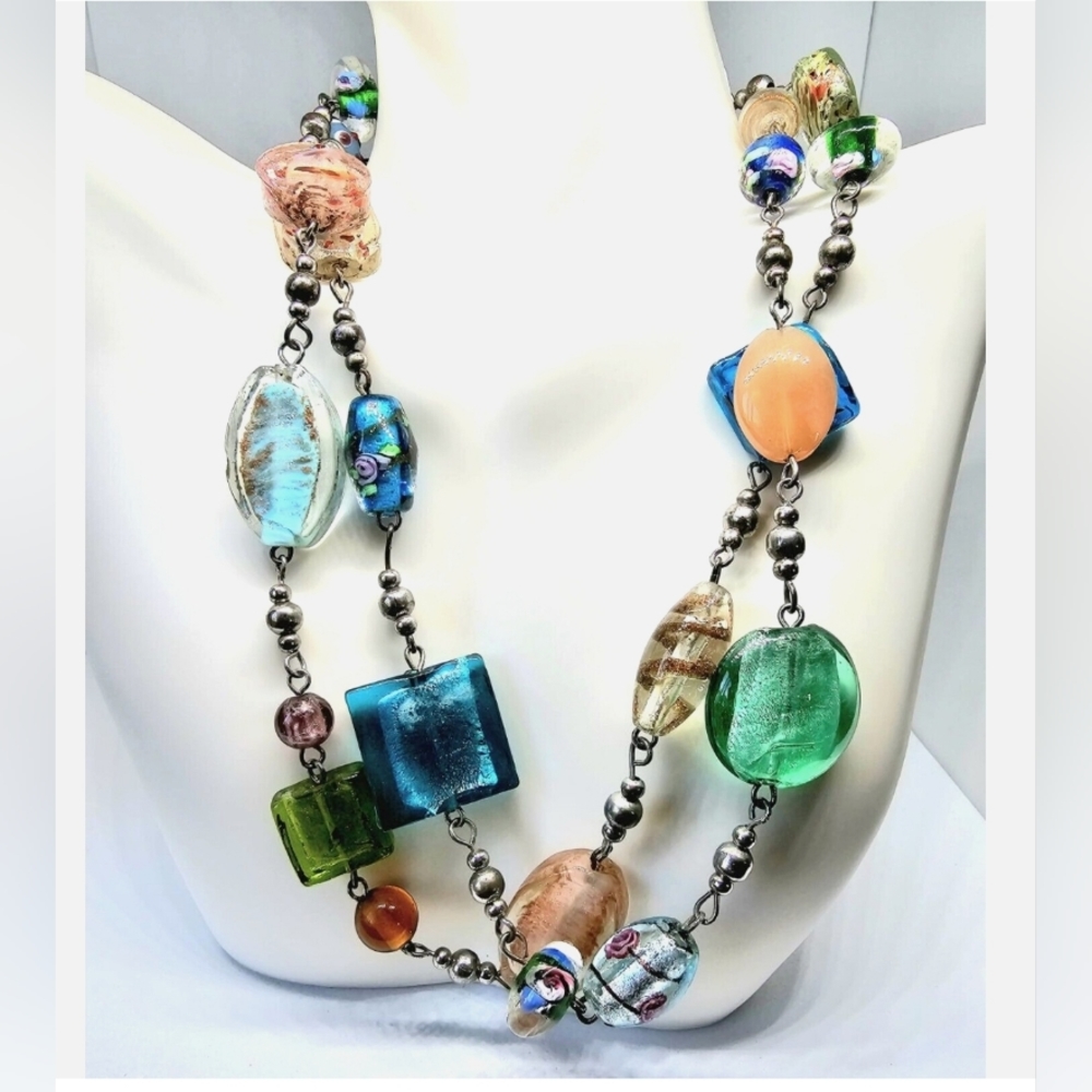 Vintage Art Glass Candy Murano Style Necklace - Premier Designs 32"